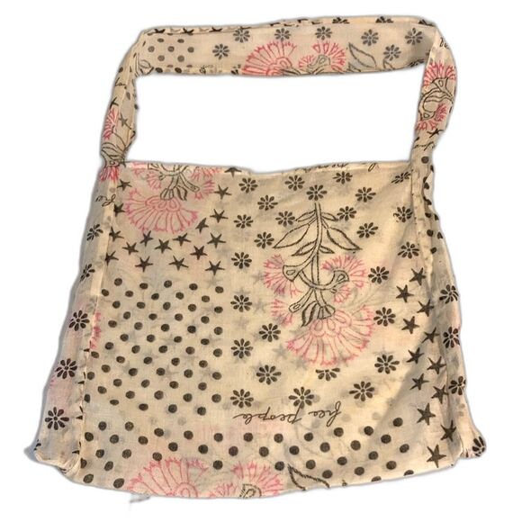 FREE PEOPLE Boho Grey and Pink Flower Shoulder Tote Bag Purse Small - Picture 1 of 11
